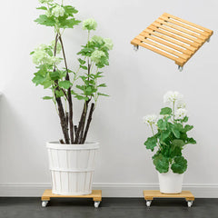 Large Bamboo Plant Pot Tray with Wheels and Thick Base