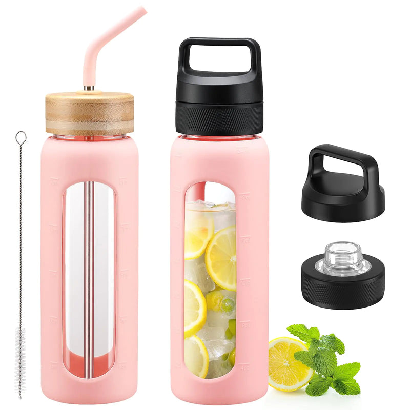 Kodrine 24 oz Glass Water Bottle with Chug and Bamboo Straw Lids