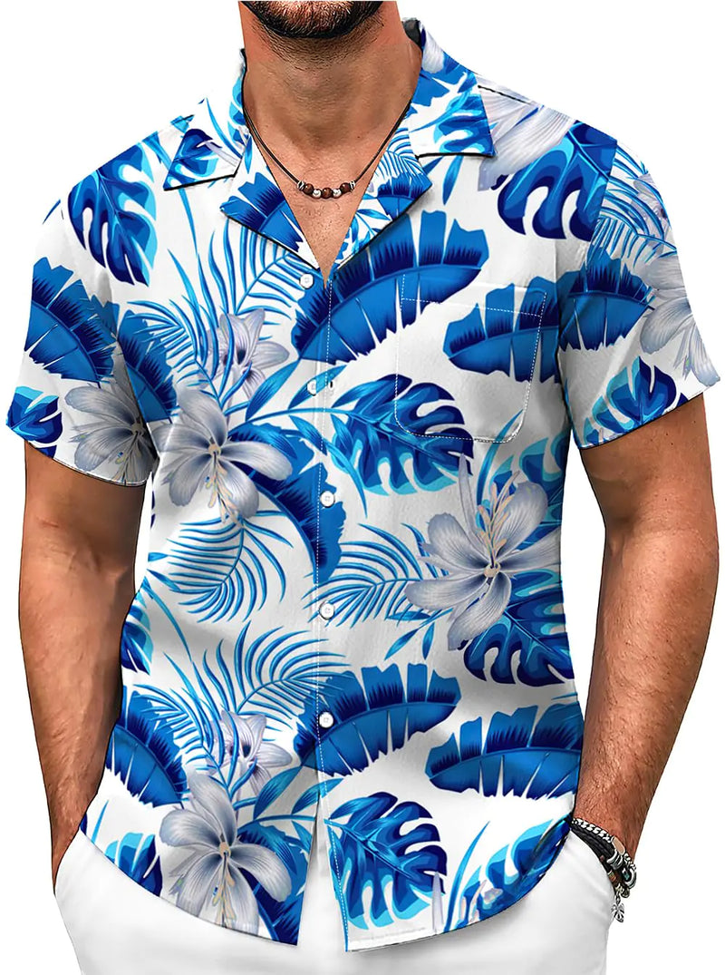 Men's Blue Floral Hawaiian Shirt (Medium) - Tropical Beach Button Down