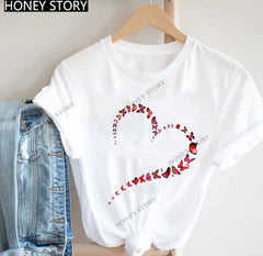 Butterfly Love Heart Print Short Sleeve Top - Women's Graphic Tee