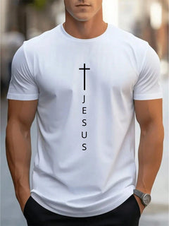 Cross & Jesus Letter Print T-Shirt | Men's Faith Apparel