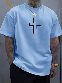 100% Pure Cotton Cross Print T-Shirt Men's Loose Fit Summer