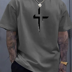 100% Pure Cotton Cross Print T-Shirt Men's Loose Fit Summer