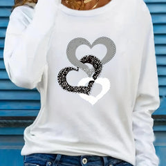 Heart Pattern Long Sleeve T-Shirt - 100% Cotton Women's Casual Tee