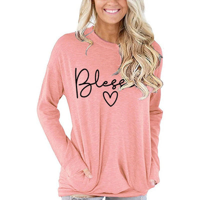 Blessed Heart Print Long Sleeve Top Women's Faith Casual Shirt