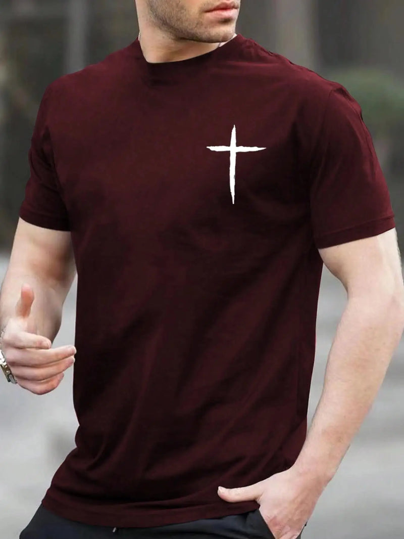 Simplicity Handwriting Cross Print Oversized T-Shirt Men's Cotton Casual