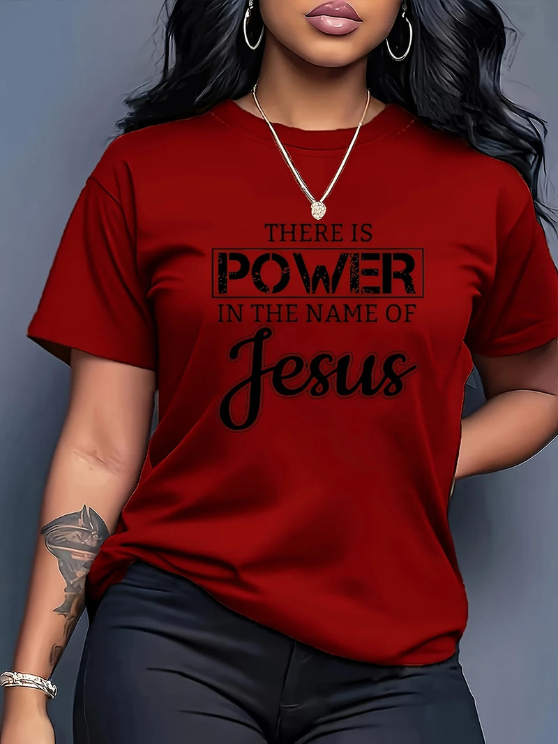 Women's Power in the Name of Jesus Print T-Shirt - Casual Round Neck Tee