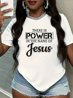 Women's Power in the Name of Jesus Print T-Shirt - Casual Round Neck Tee
