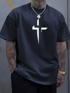 100% Pure Cotton Cross Print T-Shirt Men's Loose Fit Summer