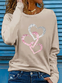 Women's Love Print Cotton T-Shirt - Long Sleeve Casual Top