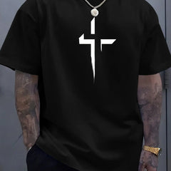 100% Pure Cotton Cross Print T-Shirt Men's Loose Fit Summer