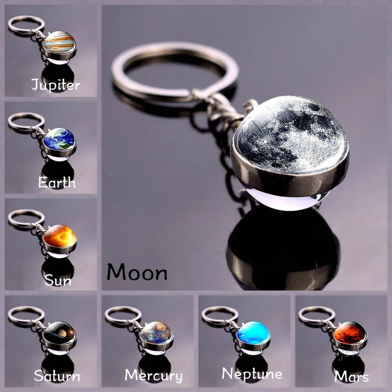 Space Keychain - Solar System Planet Glass Ball Keyring | Moon Earth Mars Sun