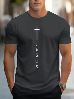 Cross & Jesus Letter Print T-Shirt | Men's Faith Apparel
