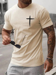 Simplicity Handwriting Cross Print Oversized T-Shirt Men's Cotton Casual