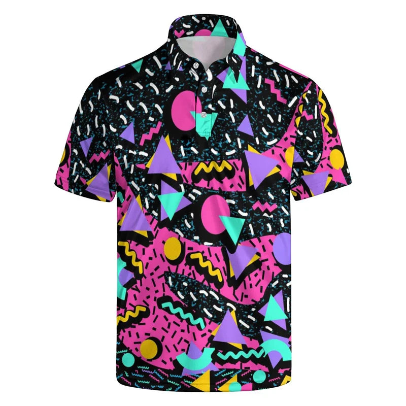 3D Printed Golf Polo Shirts - 80s 90s Streetwear Style