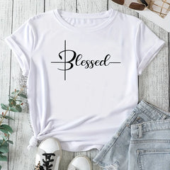 Plus Size Blessed Print T-Shirt - Casual Stretch Top