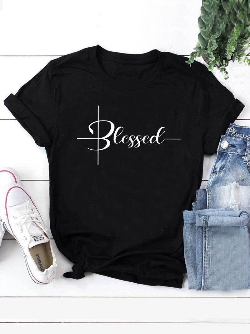 Plus Size Blessed Print T-Shirt - Casual Stretch Top