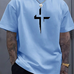 100% Pure Cotton Cross Print T-Shirt Men's Loose Fit Summer