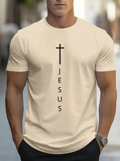 Cross & Jesus Letter Print T-Shirt | Men's Faith Apparel