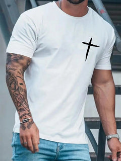 Simplicity Handwriting Cross Print Oversized T-Shirt Men's Cotton Casual