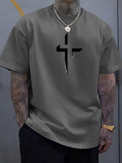100% Pure Cotton Cross Print T-Shirt Men's Loose Fit Summer
