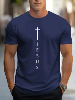 Cross & Jesus Letter Print T-Shirt | Men's Faith Apparel