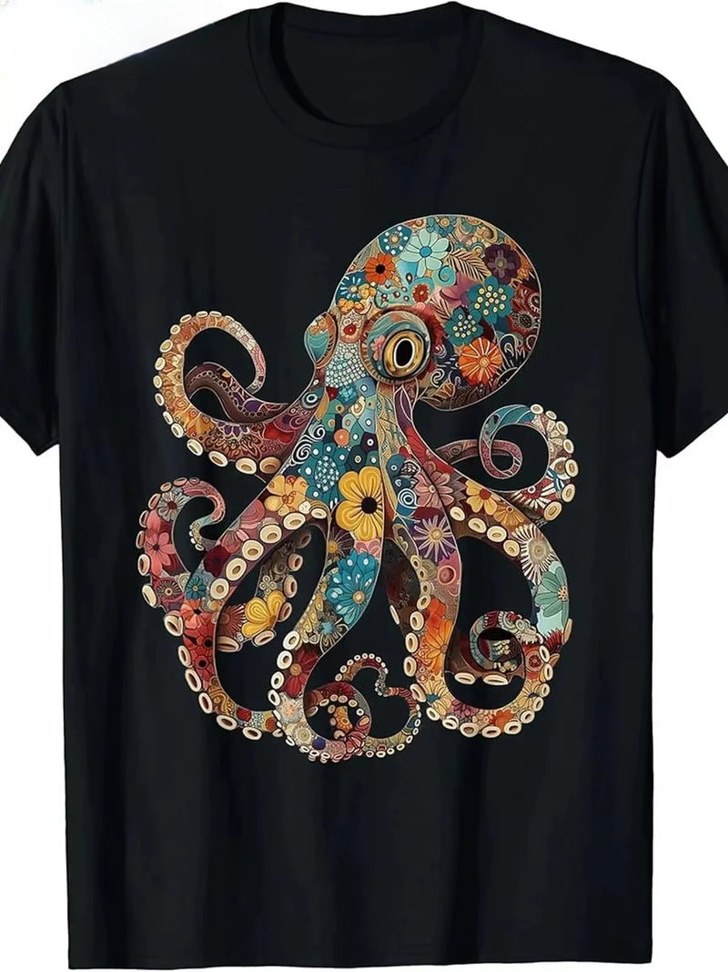 Vintage Floral Octopus T-Shirt - Colorful Kraken Men's Tee