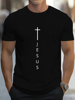 Cross & Jesus Letter Print T-Shirt | Men's Faith Apparel