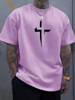 100% Pure Cotton Cross Print T-Shirt Men's Loose Fit Summer