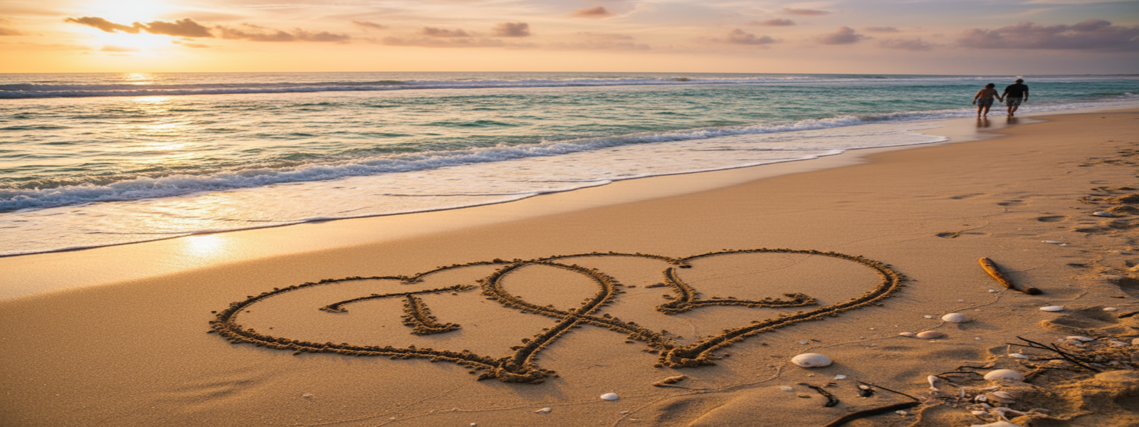 Two hearts drawn in the sand on a beach with people walking in the distance.