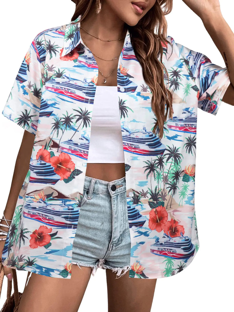 Women's Cruise Hawaiian Shirt (Large) - Tropical Beach Button Up Tee