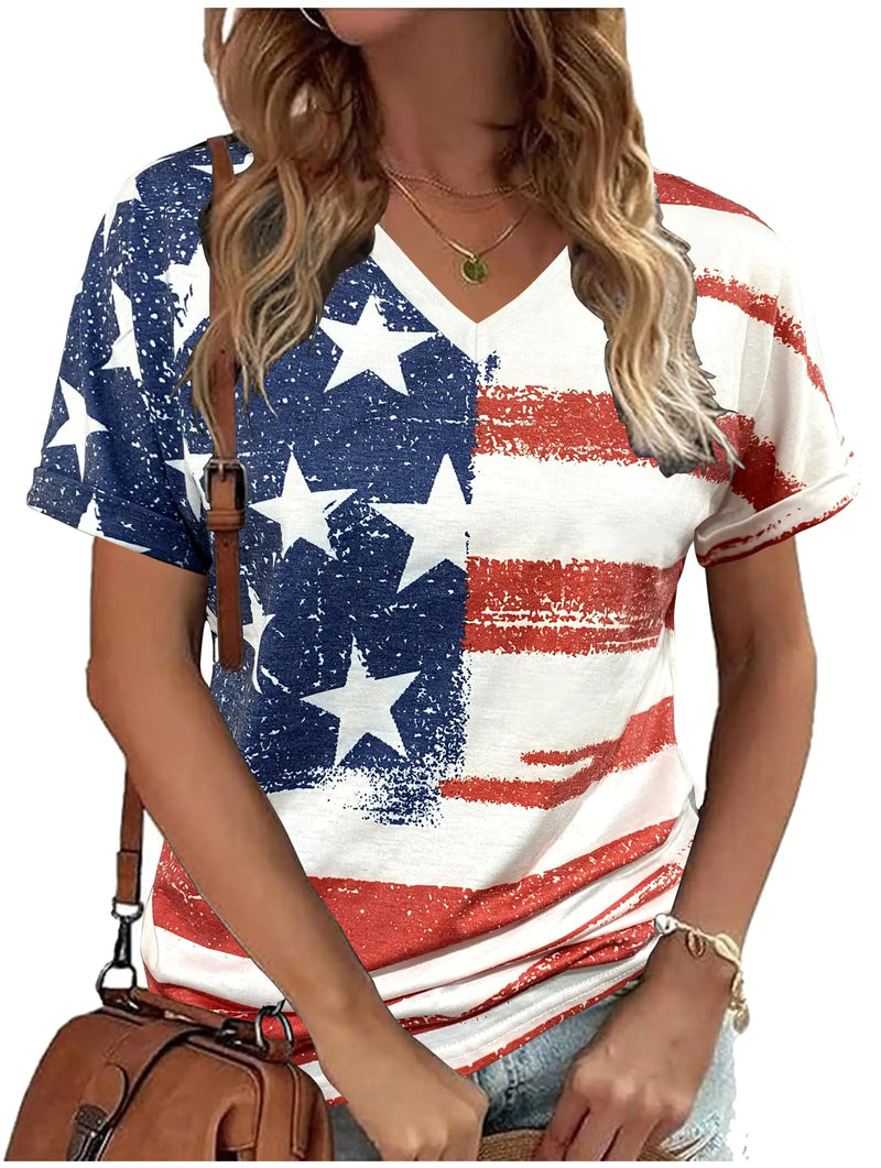 Women's American Flag V-Neck Tee (Large)- Patriotic Country Concert Shirt