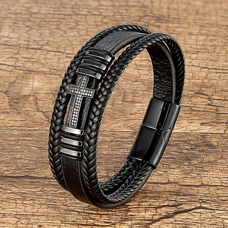 Multi-layer Metal Cross Leather Bracelet