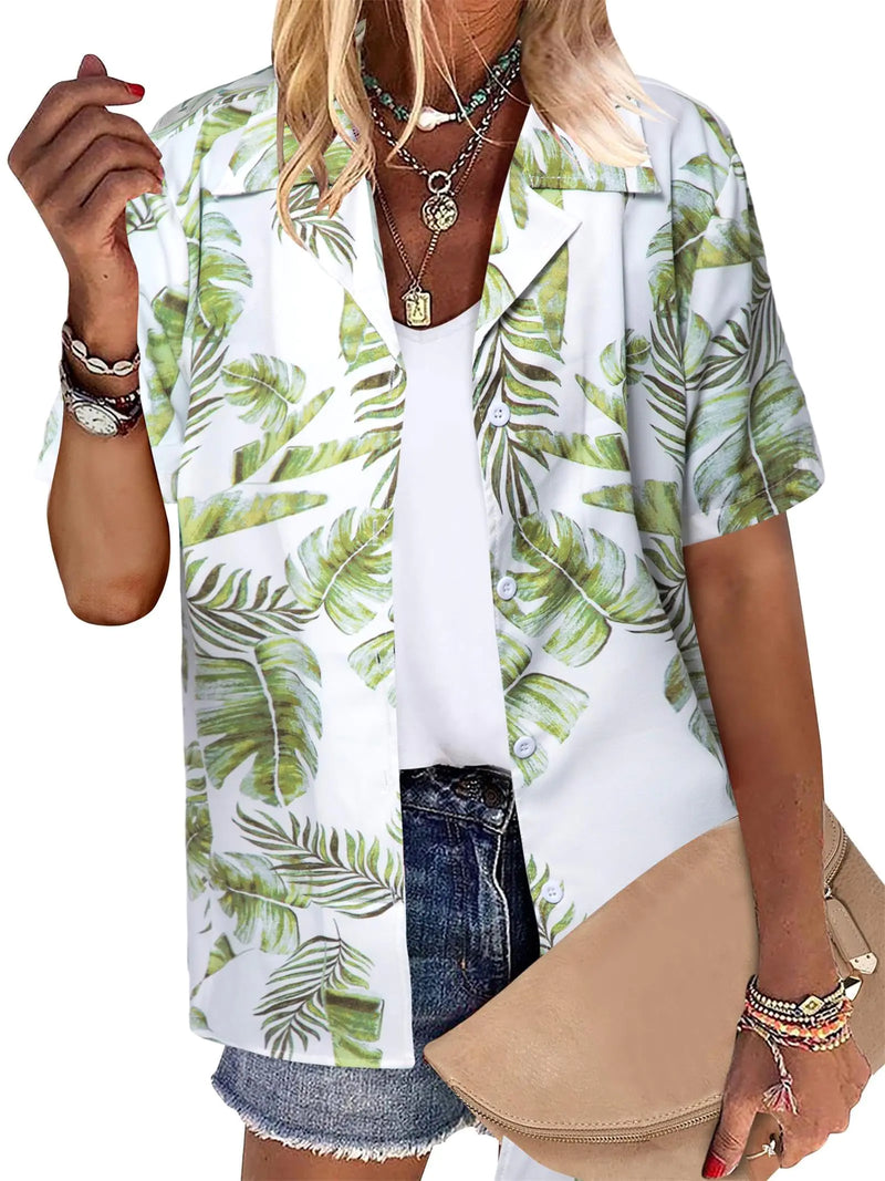 Women's Hawaiian Floral Shirt Medium - Tropical Button Up Beach Tee