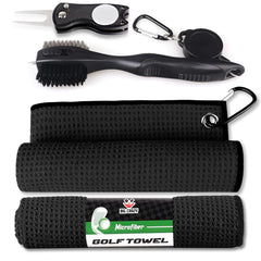 Golf Towel 2-Pack Set with Brush, Divot Tool & Ball Marker